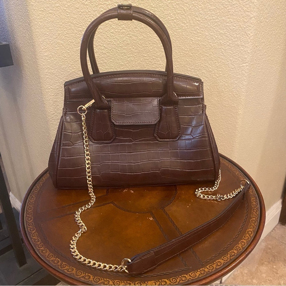 ZARA Chocolate Brown Gold Chain Strap Magnetic Closure Croc City Bag 8”x10”